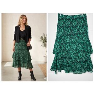 Gunit Paisley Tiered Midi Skirt Sz M Green Ruffle Cottage Whimsigoth Boho Office